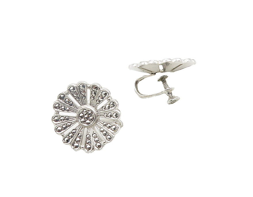 925 Sterling Silver  Vintage Sparkling Flowers Non Pierce Earrings  EG9474