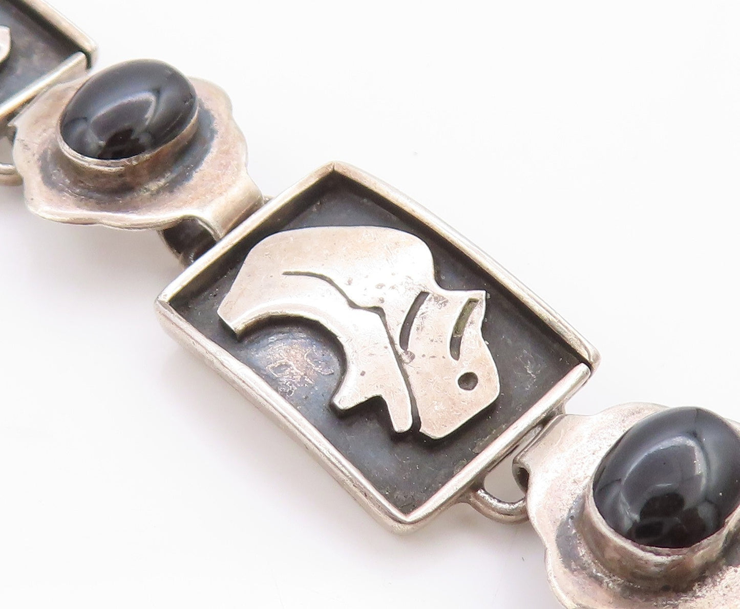 925 Sterling Silver Vintage Bracelet MEXICO Onyx Animals Motif Design  BT11364
