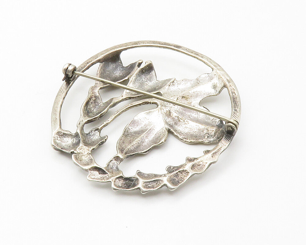 925 Sterling Silver  Vintage Shiny Floral Leaves Round Brooch Pin  BP5576