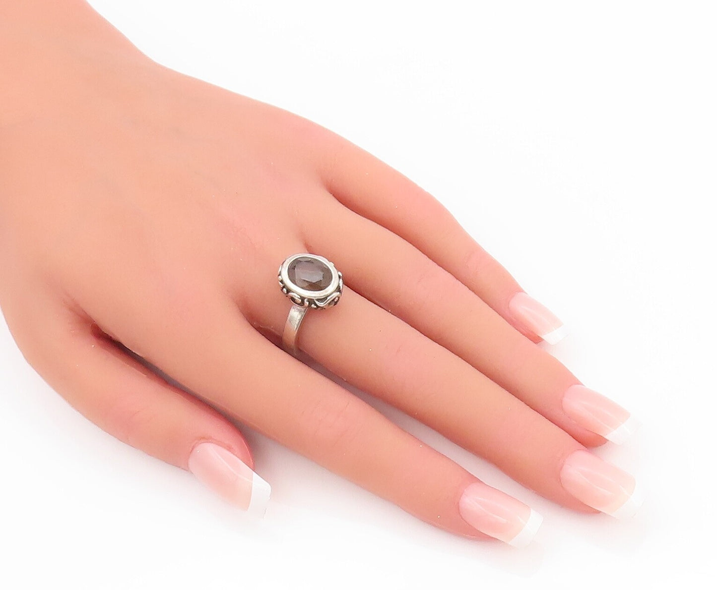 925 Sterling Silver Vintage Ring Swirly Carved Inlay Smoky Quartz  Sz 7  RG28111