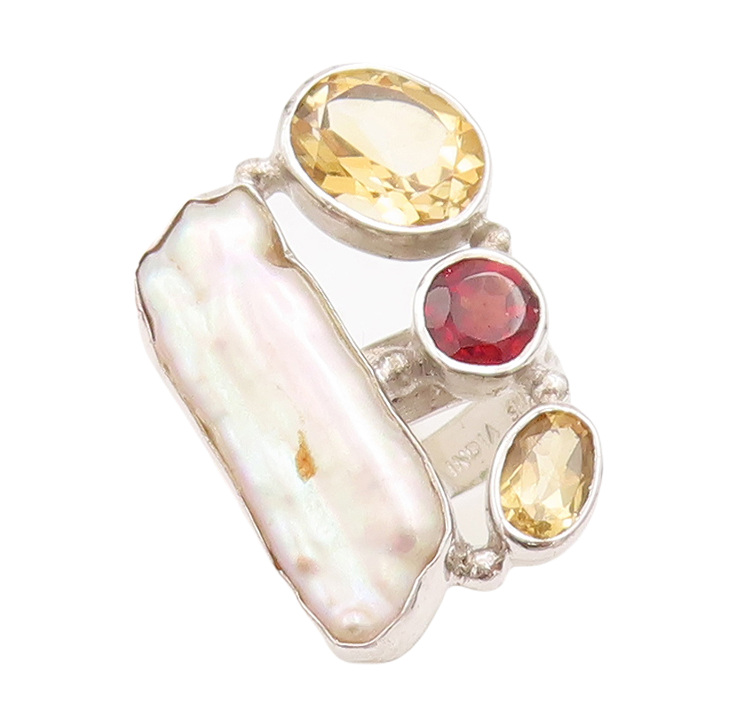 925 Sterling Silver Vintage Ring Amorphas Mother Of Pearl Gemstones Sz 7 RG29211