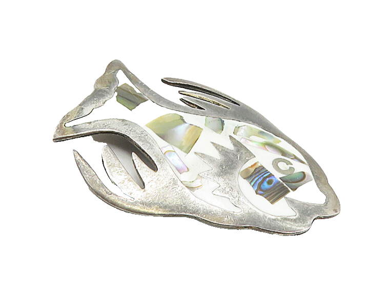 MEXICO 925 Sterling Silver  Vintage Abalone Mosaic Fish Brooch Pin  BP3388