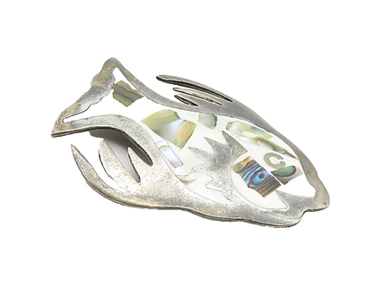 MEXICO 925 Sterling Silver  Vintage Abalone Mosaic Fish Brooch Pin  BP3388