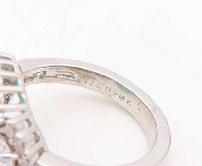 925 Sterling Silver Vintage Ring Oval Sea Green Halo White CZ Inlay Sz 7 RG30449