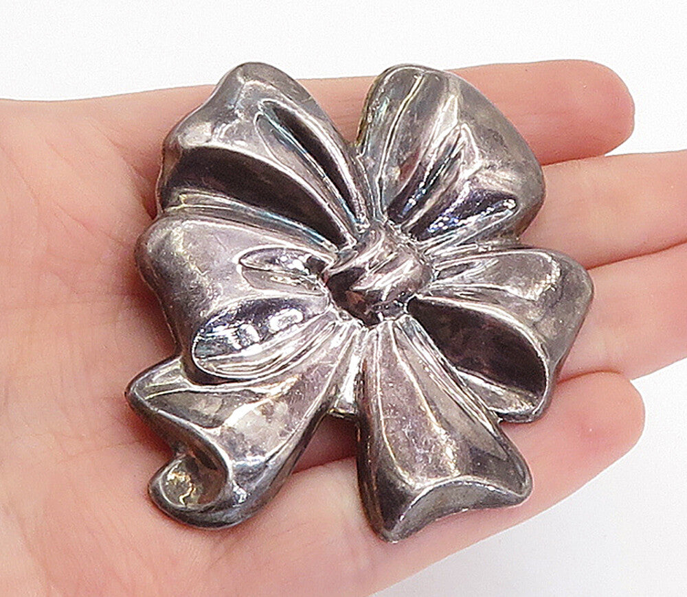 MEXICO 925 Sterling Silver  Vintage Dark Tone Ribbon Bow Tie Brooch Pin BP2500