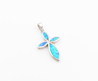 925 Sterling Silver  Vintage Blue Fire Opal Religious Cross Pendant  PT18637