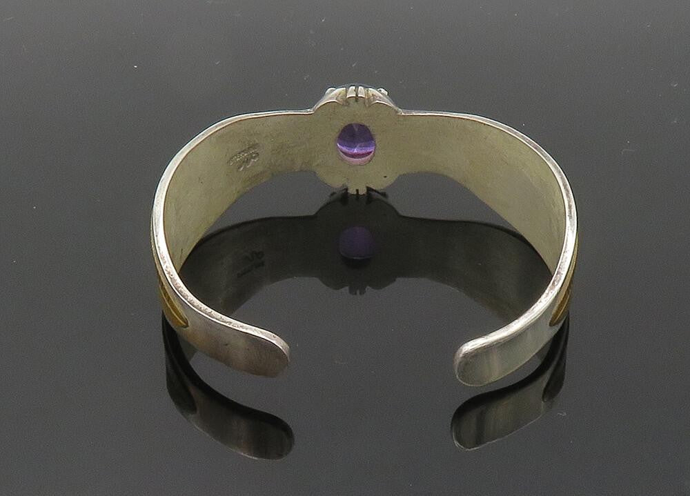 DESIGNER 925 Silver  Vintage Faceted Amethyst Two Tone Cuff Bracelet  BT8183