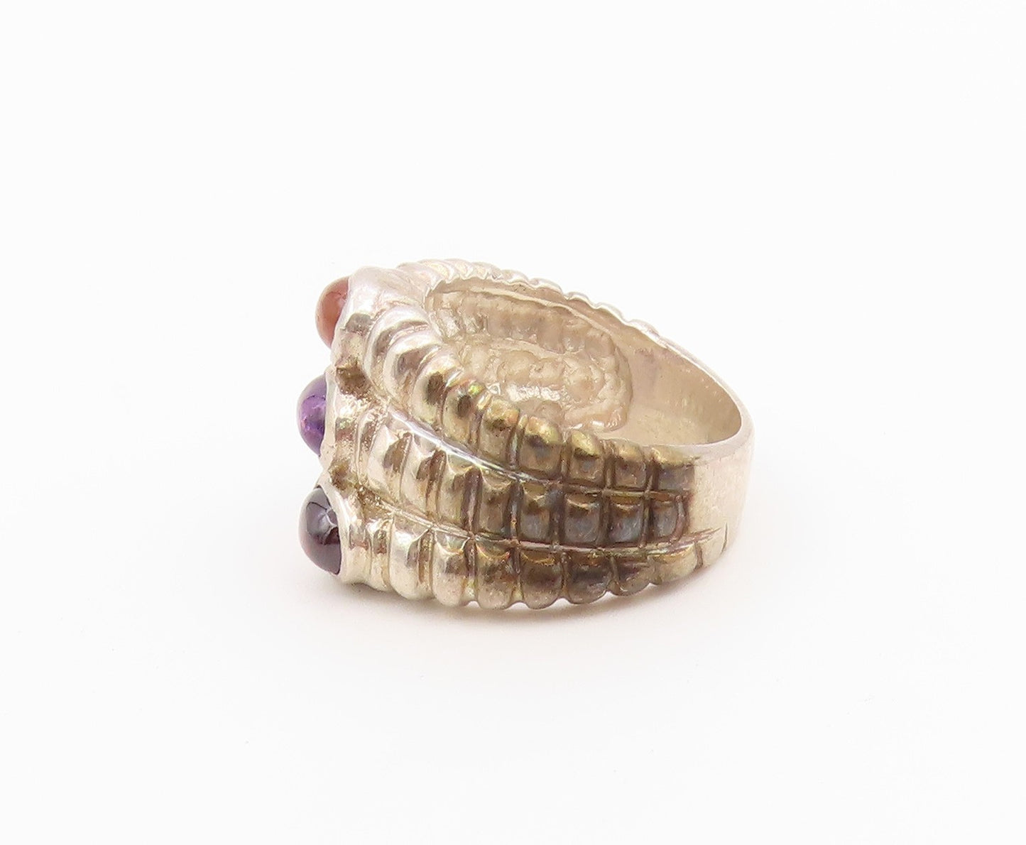 925 Sterling Silver Vintage Ring Multi Stone Triple Row Ribbed Band Sz 6 RG36477