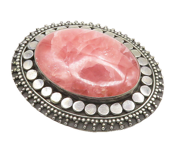 925 Sterling Silver Vintage Cabochon Cut Rhodochrosite Brooch Pin BP6869