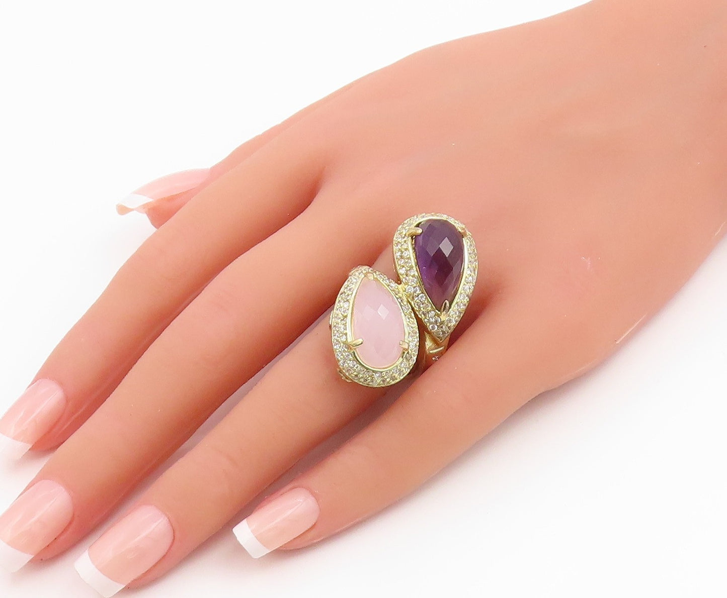 925 Sterling Silver Vintage Ring Gold Plated Amethyst Rose Quartz Sz 9.5 RG35392
