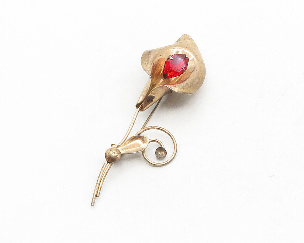 925 Sterling Silver  Vintage Red Topaz Single Flower Motif Brooch Pin  BP4907