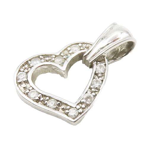 925 Sterling Silver  Vintage Cubic Zirconia Open Love Heart Pendant  PT11646