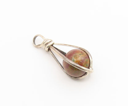 925 Sterling Silver Vintage Pendant Modernist Jasper Orb Teardrop Cage  PT26631