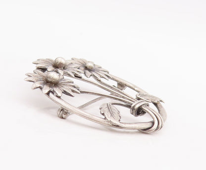 925 Sterling Silver Vintage Brooch Pin Round Framed Sunflowers  BP11121