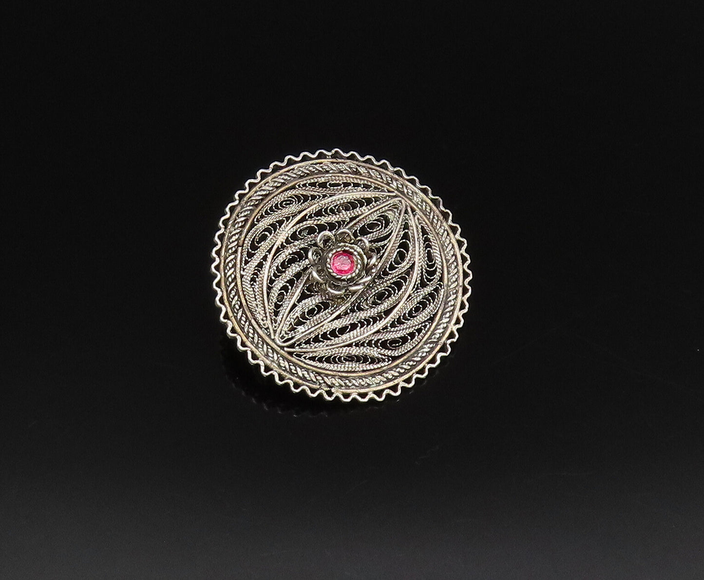 ISRAEL 925 Silver  Vintage Filigree Floral Tourmaline Brooch Pin  BP9883