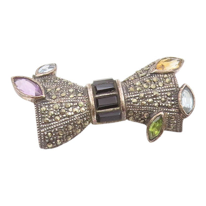 925 Sterling Silver Vintage Brooch Pin Classic Multi Gemstone Ribbon Bow BP12584