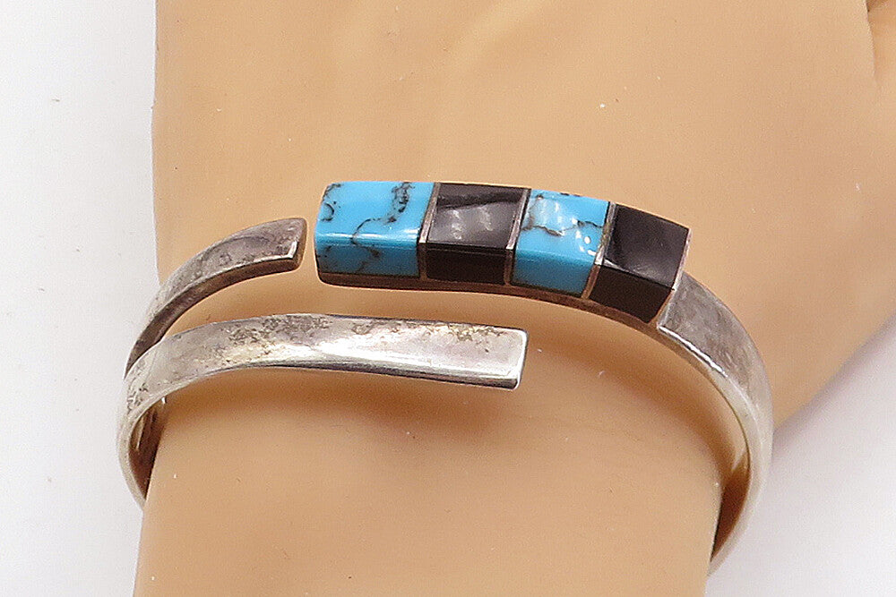 MEXICO 925 Silver  Vintage Turquoise & Black Onyx Bangle Bracelet  BT2007