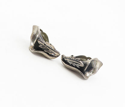 MEXICO 925 Sterling Silver  Vintage Sculpted Flower Non Pierce Earrings EG4578