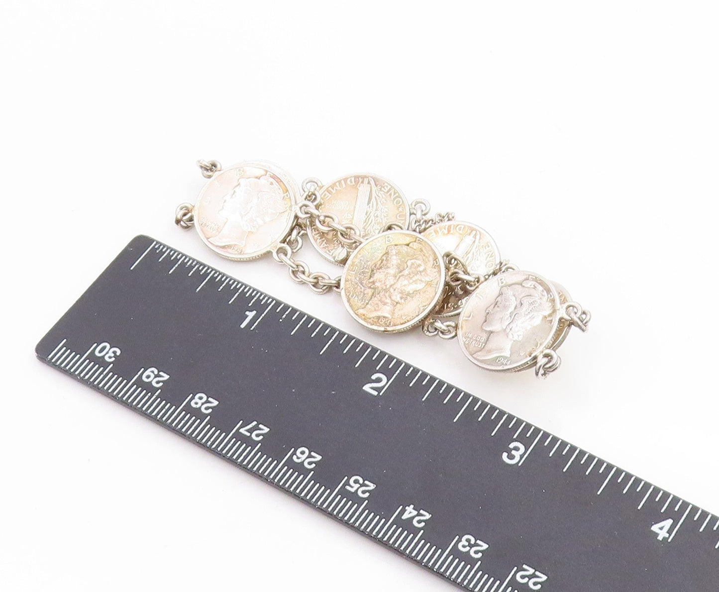 925 Sterling Silver Vintage Bracelet Modernist US One Dime Coin Link  BT12038