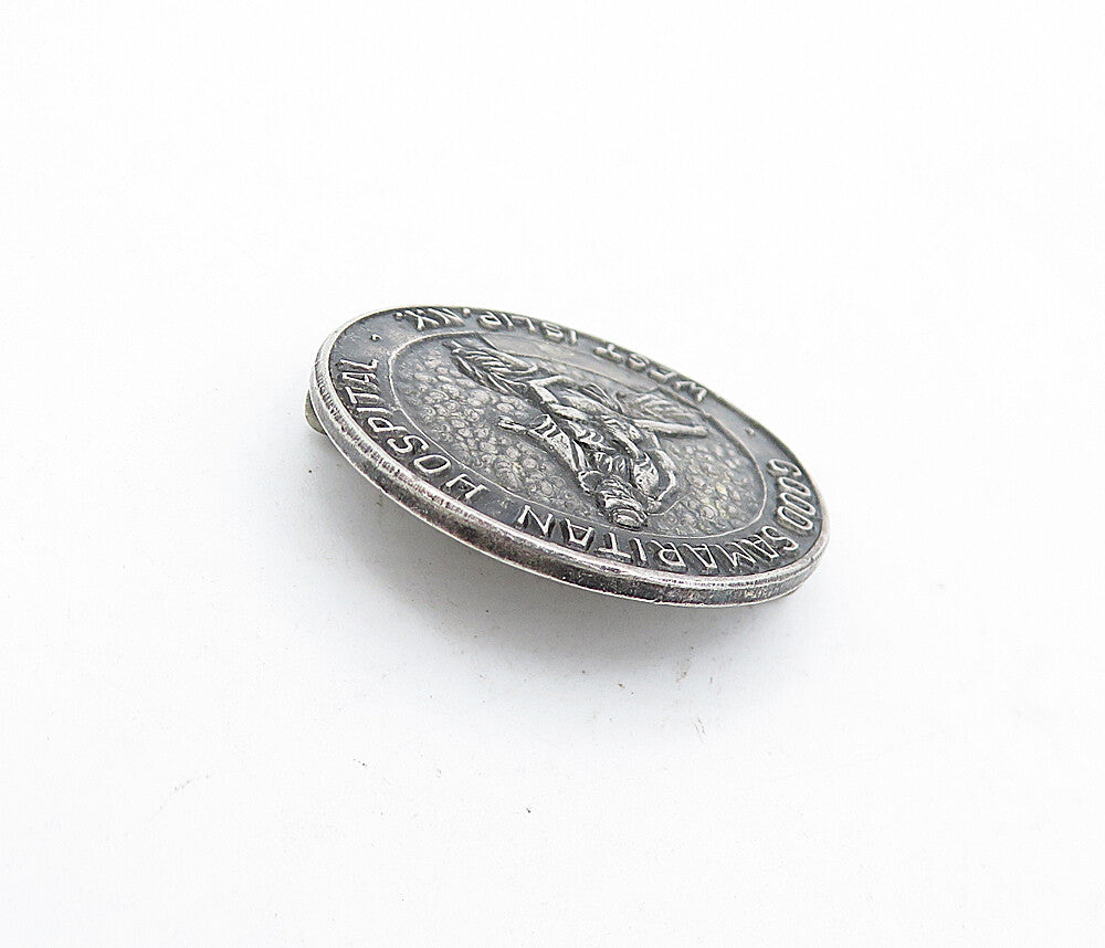 925 Sterling Silver  Vintage Oxidized Round Good Samaritan Brooch Pin  BP1510
