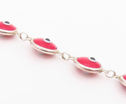 925 Sterling Silver  Vintage Red Evil Eye Protection Chain Bracelet  BT9403