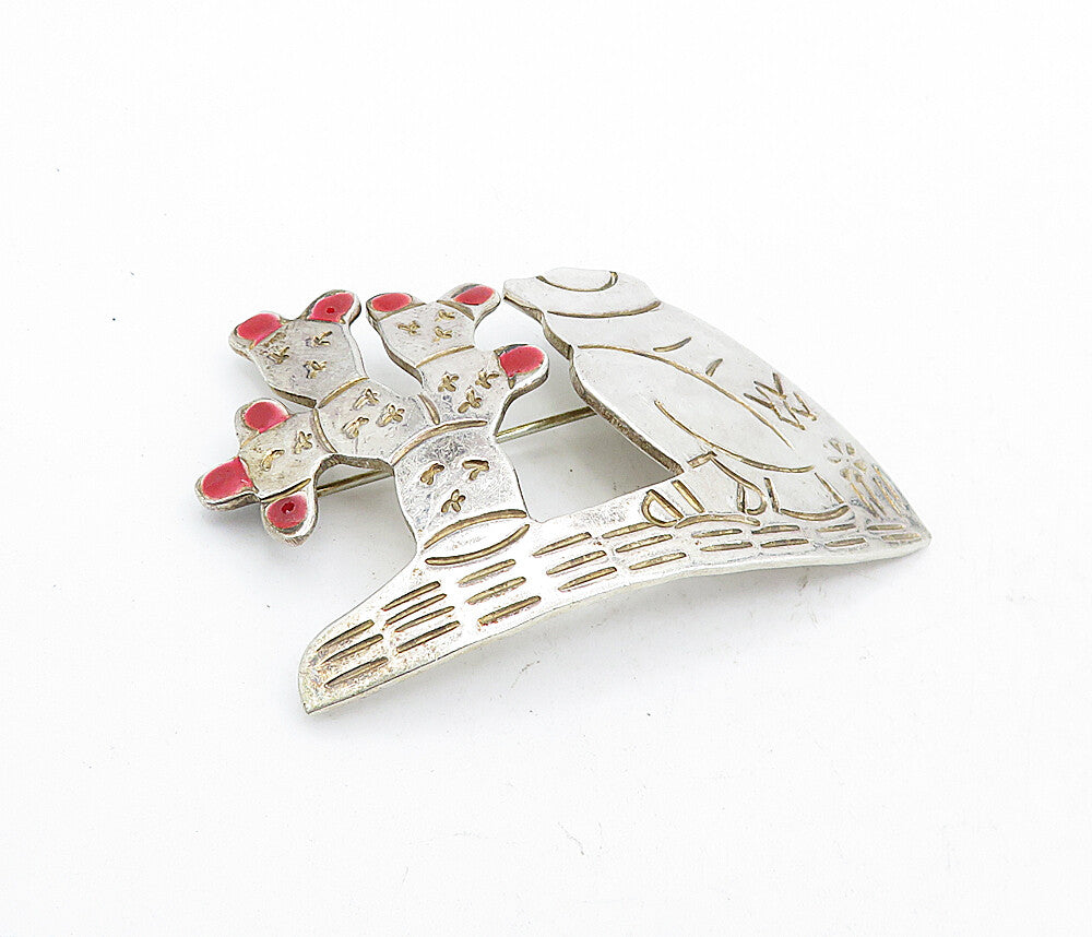 MEXICO 925 Sterling Silver  Vintage Enamel Desert Cactus Brooch Pin  BP2022
