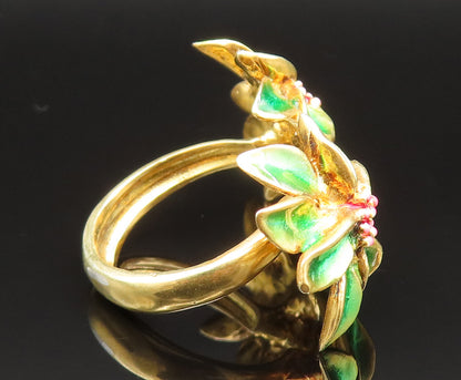 925 Sterling Silver Vintage Gold Plated Double Enamel Flower Ring Sz 7.5 RG25431