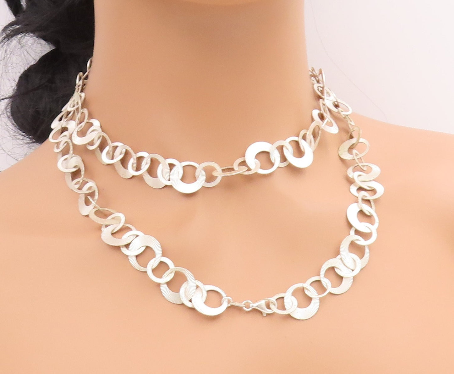 925 Sterling Silver Vintage Necklace Chunky Etched Geometric Circle Link  NE4744