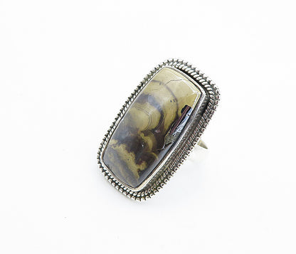 925 Sterling Silver  Brown Jasper Shiny Border Cocktail Ring Sz 6  RG7810