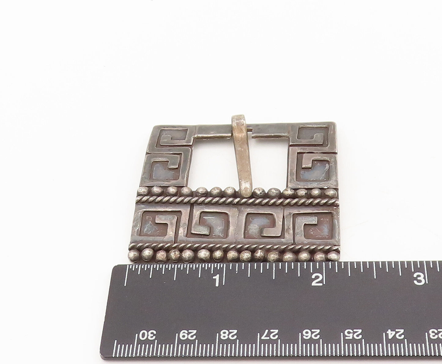 TAXCO 925 Silver  Vintage Antique Beaded Carved Greek Maze Belt Buckle  TR3665