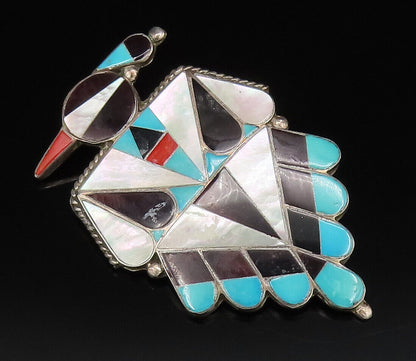 ZUNI NAVAJO 925 Silver  Vintage Onyx & Stones Peyote Bird Brooch Pin  BP10045