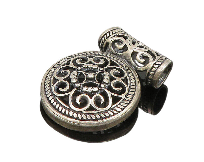 925 Sterling Silver  Vintage Round Floral Pretzel Swirl Slide Pendant  PT15340