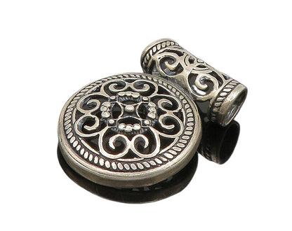925 Sterling Silver  Vintage Round Floral Pretzel Swirl Slide Pendant  PT15340