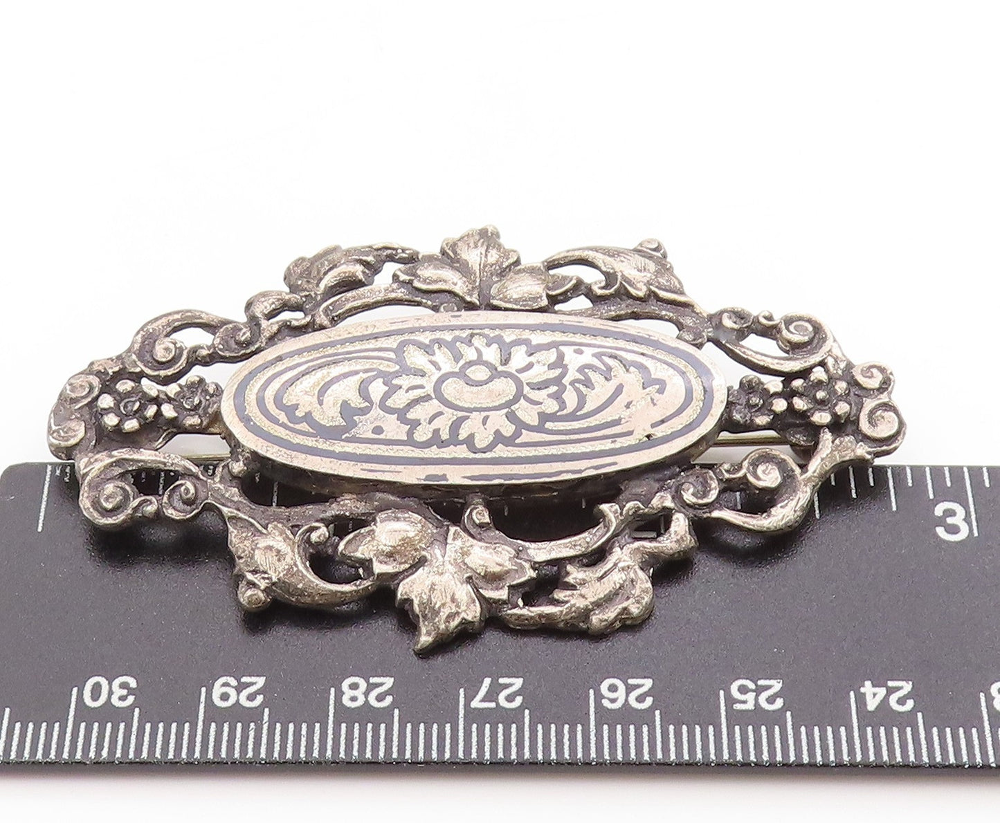 925 Sterling Silver Vintage Brooch Engraved Ornate Rose Floral Blossom  BP11893