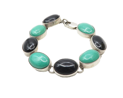 925 Sterling Silver  Vintage Malachite & Black Onyx Chain Bracelet  BT4442