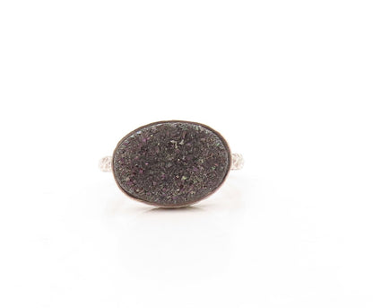 925 Sterling Silver Vintage Ring Oval Black Drusy Carved Band Sz 7 RG31040