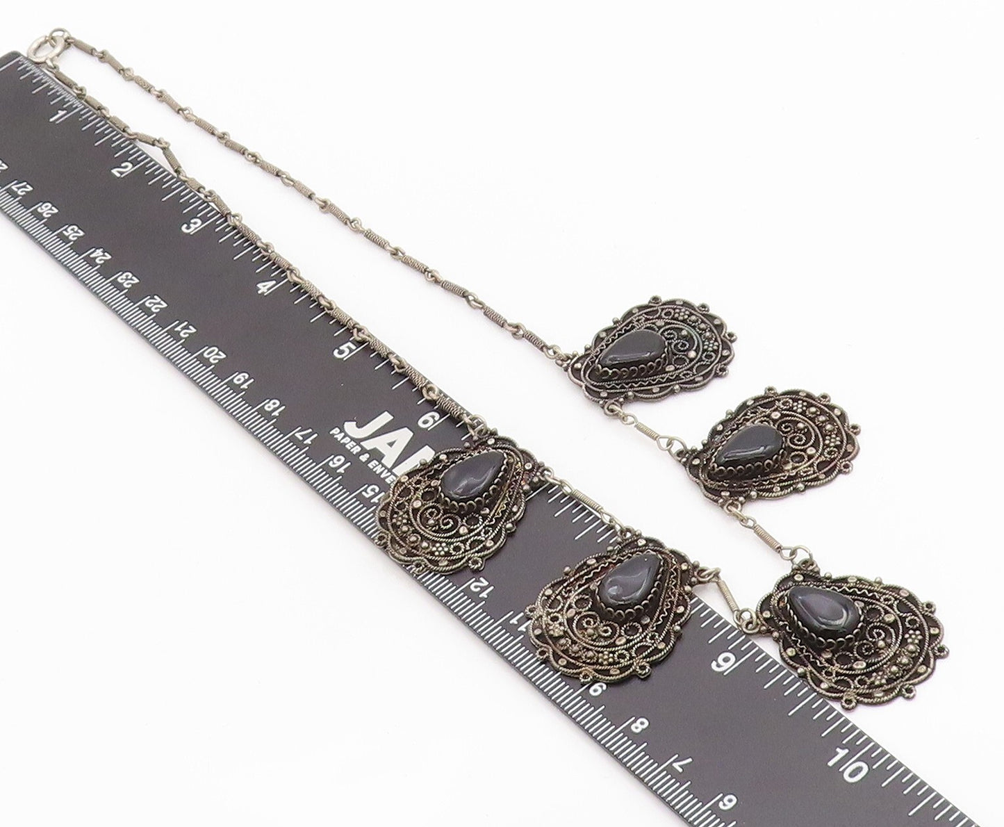 925 Sterling Silver Vintage Necklace Dark Tone Swirly Carved Onyx Inlay  NE4449