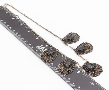 925 Sterling Silver Vintage Necklace Dark Tone Swirly Carved Onyx Inlay  NE4449