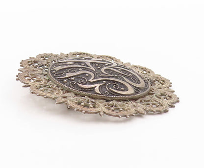 925 Sterling Silver Vintage Brooch Antique Carved Arabic Calligraphy BP11634