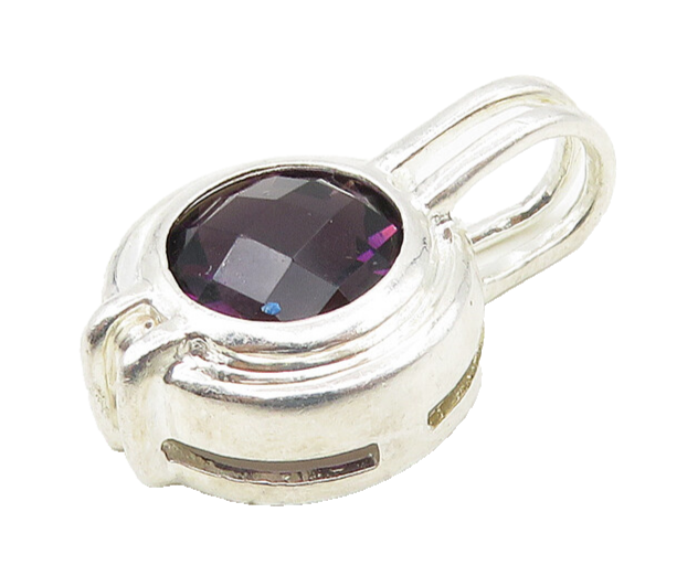 925 Sterling Silver  Faceted Amethyst Shiny Round Pendant  PT14204