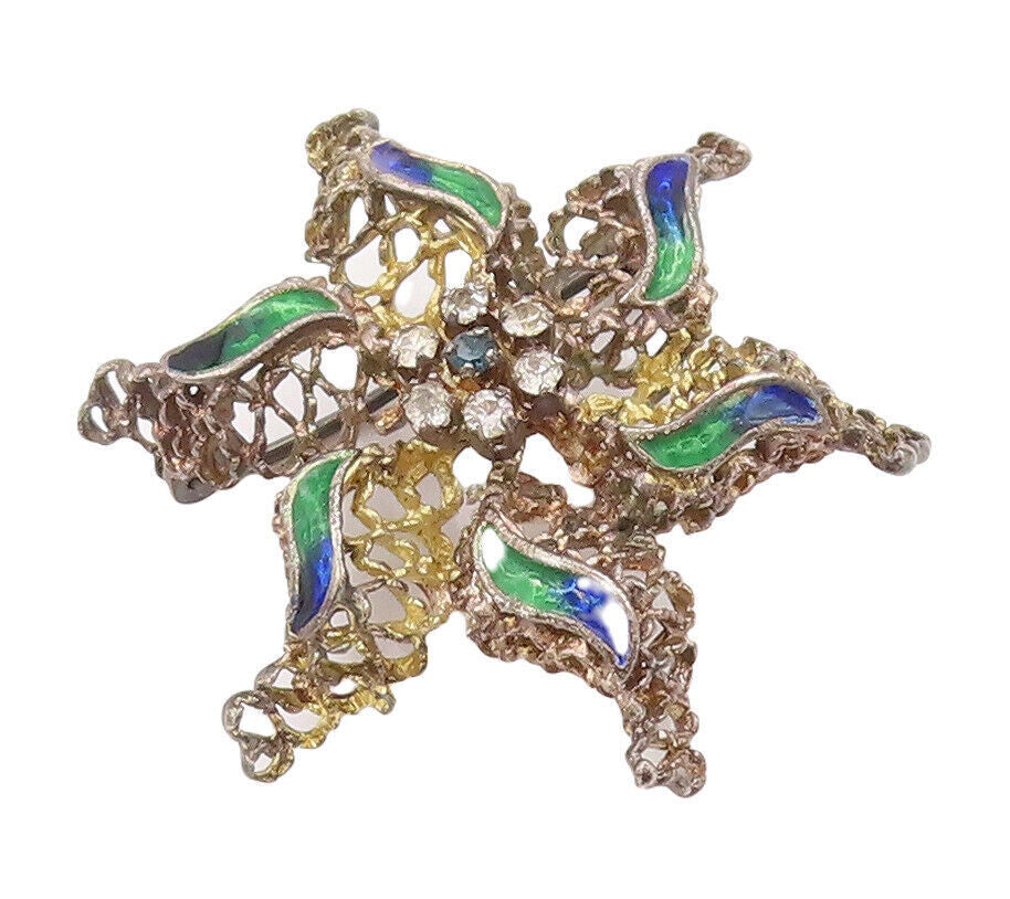 925 Sterling Silver Vintage Brooch Pin Brutalist Enameled Topaz Flower  BP10863
