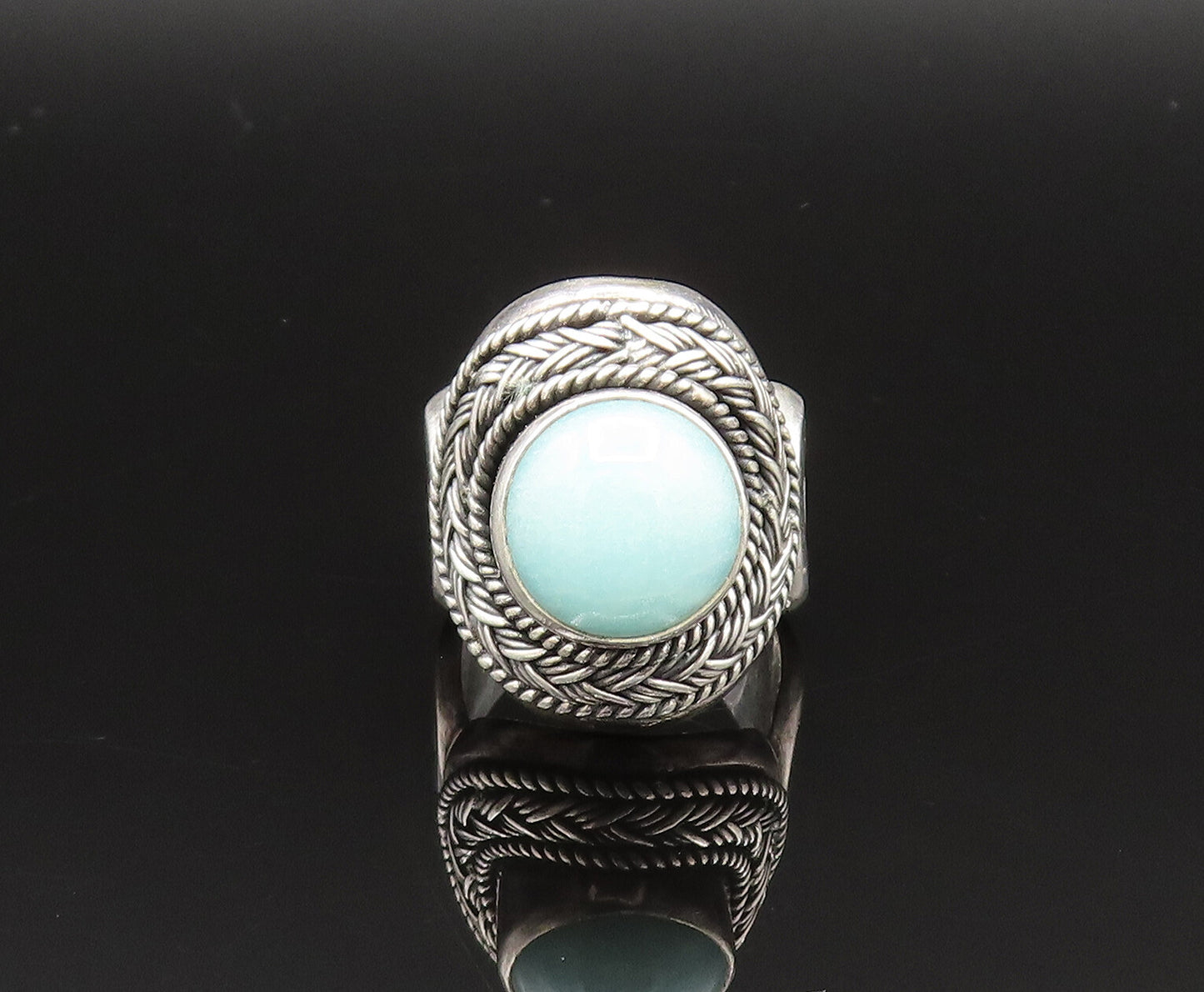 BALI 925 Silver  Vintage Braided & Rope Twist Larimar Ring Sz 7  RG25597