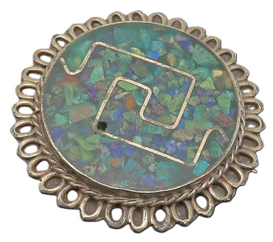 MEXICO 925 Sterling Silver  Vintage Crushed Turquoise Round Brooch Pin  BP4720