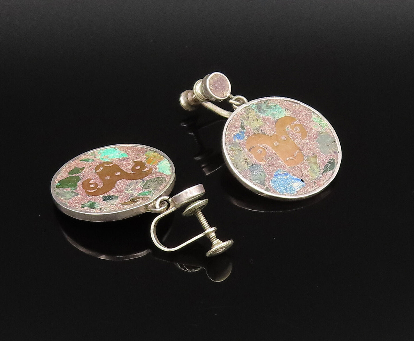 MEXICO 925 Silver  Vintage Two Tone Tumbled Jasper & Bull Earrings  EG12149