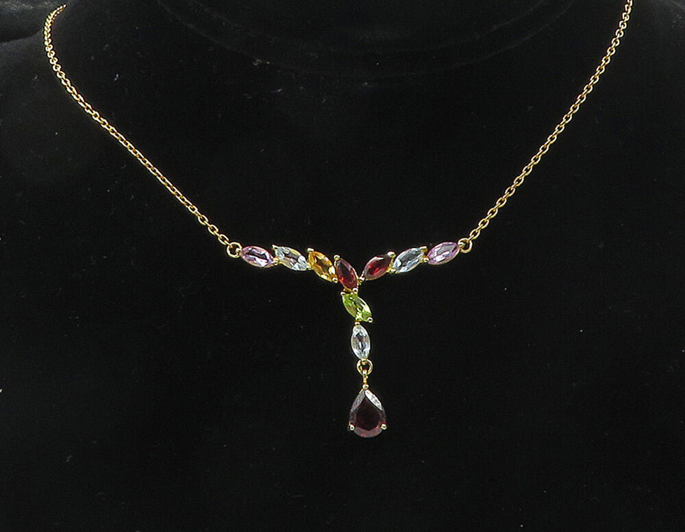 925 Sterling Silver Garnet & Multi Stone Gold Plated Chain Necklace NE1954