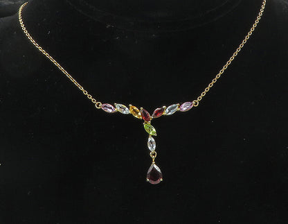 925 Sterling Silver Garnet & Multi Stone Gold Plated Chain Necklace NE1954