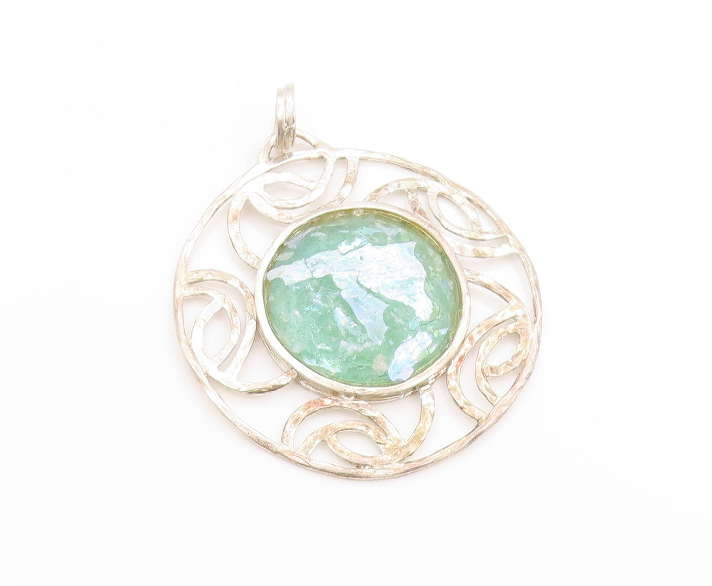 925 Sterling Silver Vintage Pendant ISRAEL Round Roman Glass Medallion  PT25055