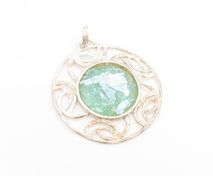 925 Sterling Silver Vintage Pendant ISRAEL Round Roman Glass Medallion  PT25055