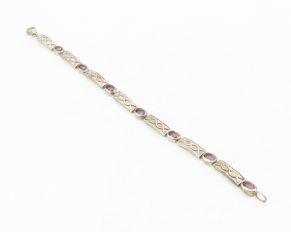 IRELAND 925 Sterling Silver Vintage Amethyst Twist Bar Chain Bracelet BT5136