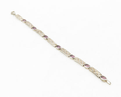 IRELAND 925 Sterling Silver Vintage Amethyst Twist Bar Chain Bracelet BT5136